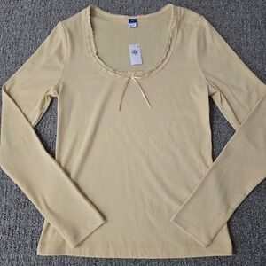 Old Navy Top Womens M Yellow Ribbed Lace Trim Bow Coquette Balletcore NWT